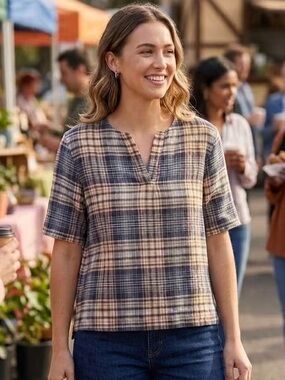 LL Bean Signature - Linen Blend Lightweight Plaid Short-Sleeve Blouse - Size M